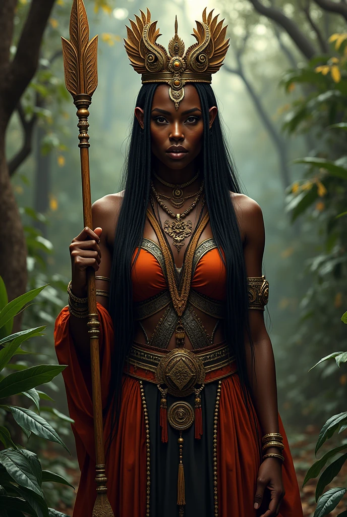 Create the image of a nature goddess from Brazilian indigenous culture, skin black, with 2 arms, 2legs.