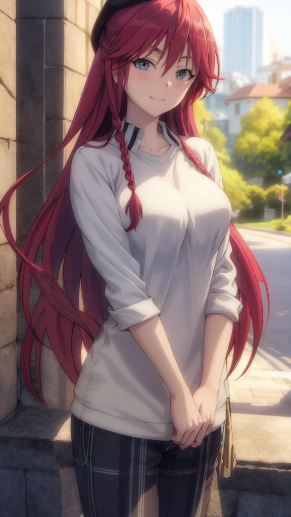 masterpiece, (best quality), 1woman,1girl ,lilith_asami,    long hair, red hair,   blue eyes , braid, side braid, white sweater, shirt, pants,      large breasts,,sexy woman,  , smile, blush, vibrant colors ,,natural lighting  ,RTX,  beautiful, (detailed face:1.2), showcase, (perfect eyes:1.1) ,(photorealistic:1.1), 8k uhd,  looking at viewer,   outdoorackround