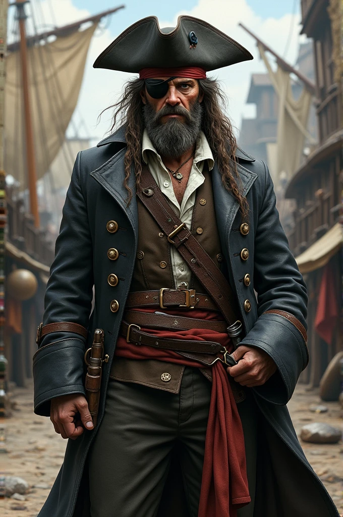 Pirate, curly hair, beard, long hair, light clothes, dark clothes, green eyes, beautiful face, hyperrealistic, 8k --auto --s2