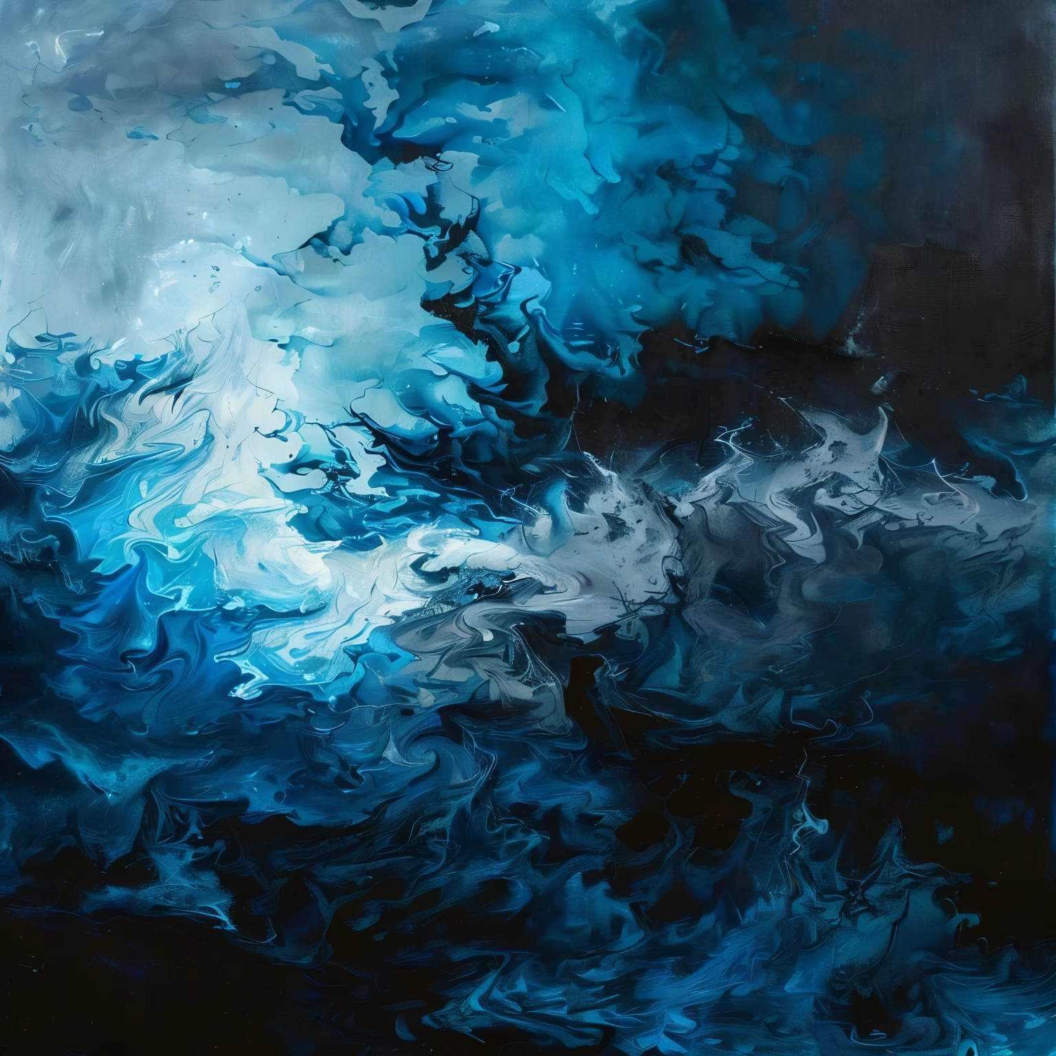 a painting of a blue and white wave with a black background, abstract liquid acrylic art, intricate fluid ink, smart guys smoke, acrylic pouring, paint spilling, acrylic smart guys, acrylic pour painting, Detailed acrylic painting, Whirling liquids, fluid acrylic pouring art, liquid marble fluid painting, swirling fluid smokey enigma, smart guys, swirling fluid