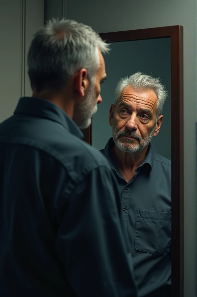 A dad looking at himself in the full body mirror: a part with shabby clothes and his reflection in the mirror he is well dressed