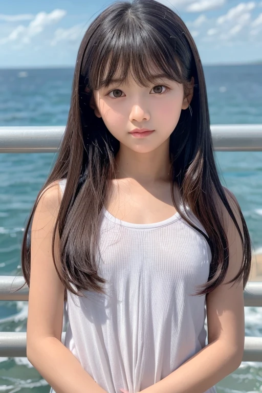 A Korean beautiful girl wearing a white vest and leggings and shorts, slender figure, full-body photo, long brown hair, bangs hairstyle bow, melon seed face, big eyes of Shui Lingling, sexy small mouth, slightly upturned lips, medium chest, background seaside park, sexy and charming, standing, super shorts, slim figure, sexy and charming