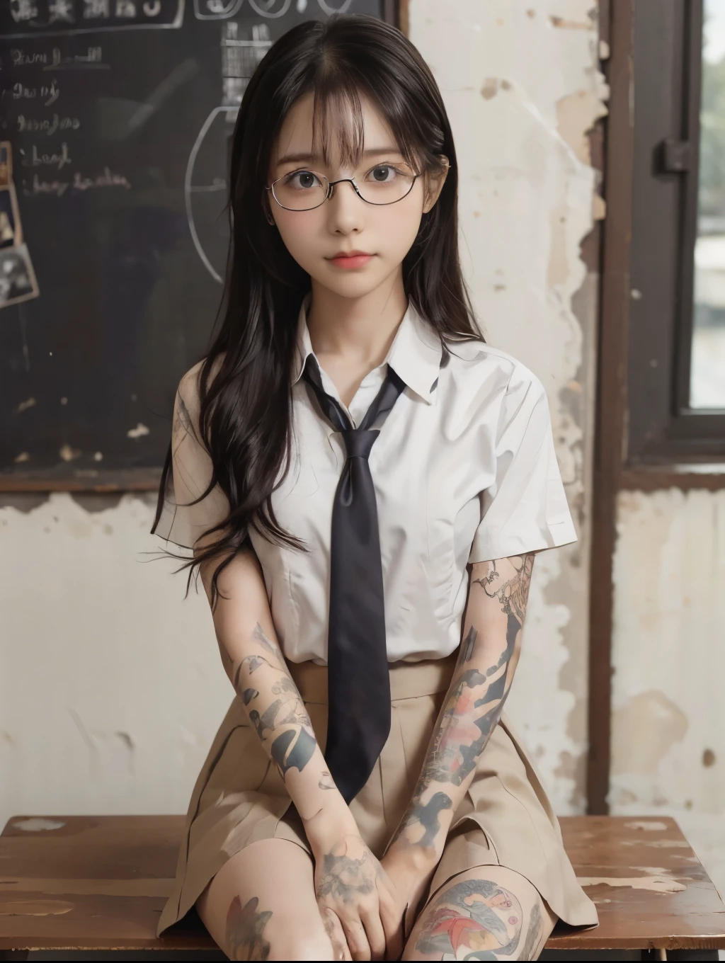 1girl, raw photo, 8k, (top-quality), Realistic, (real picture, Intricate details), (natural skin texture, detailed skin, hyper realism, sharpness), Japanese age glasses girl sitting on school desk in old high school classroom, ((school uniform)), (blue tie, pleated skirt), (pale skin:1.2), skinny body, (tattoos all over arms:1.4), (((flat chest:1.4))), (braid hairstyle, bangs), (glasses), black board, full body shot