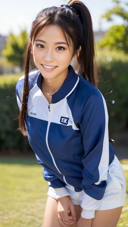 1girl, solo, long hair, looking at viewer, smile with teeth, black hair, brown eyes, outdoors, ponytail, hair tie, (leaning forward), track jacket, track suit, track pants, exposed thigh, 22years old japanese lady, double vertical stripe, (best quality,4k,8k,highres,masterpiece:1.2),ultra-detailed,(realistic,photorealistic,photo-realistic:1.37),portrait,vibrant colors,natural lighting