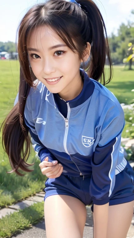 1girl, solo, long hair, looking at viewer, smile with teeth, black hair, brown eyes, outdoors, ponytail, hair tie, (leaning forward), track jacket, track suit, track pants, exposed thigh, 22years old japanese lady, double vertical stripe, (best quality,4k,8k,highres,masterpiece:1.2),ultra-detailed,(realistic,photorealistic,photo-realistic:1.37),portrait,vibrant colors,natural lighting