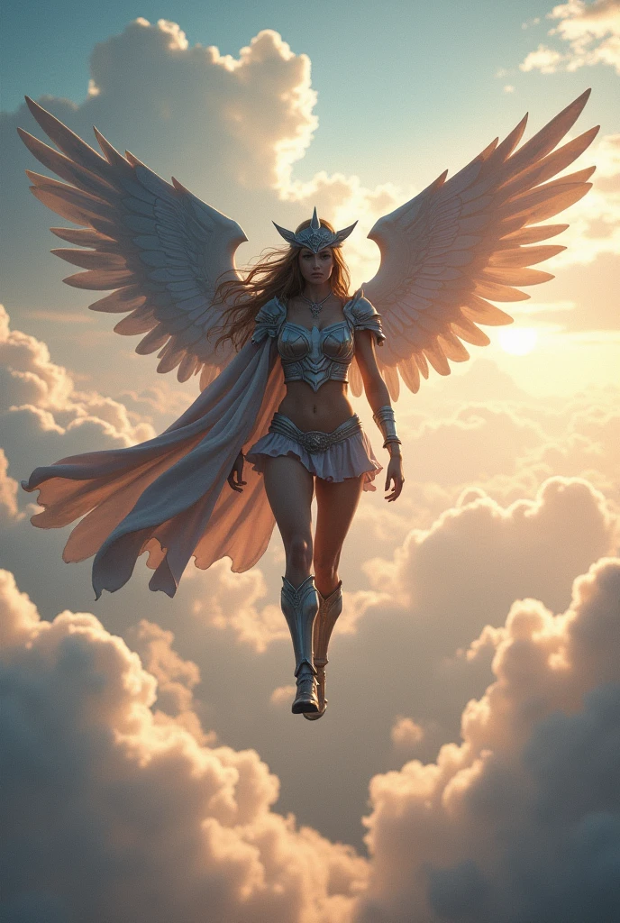 A beautiful female angel standing in the modern city of Tokyo, whole body, Wearing ancient Greek armor made of iron, Holding a sword in his hand, Daytime, whole body