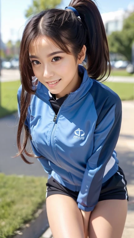 1girl, solo, long hair, looking at viewer, smile with teeth, black hair, brown eyes, outdoors, ponytail, hair tie, (leaning forward), track jacket, track suit, track pants, exposed thigh, 22years old japanese lady, double vertical stripe, (best quality,4k,8k,highres,masterpiece:1.2),ultra-detailed,(realistic,photorealistic,photo-realistic:1.37),portrait,vibrant colors,natural lighting