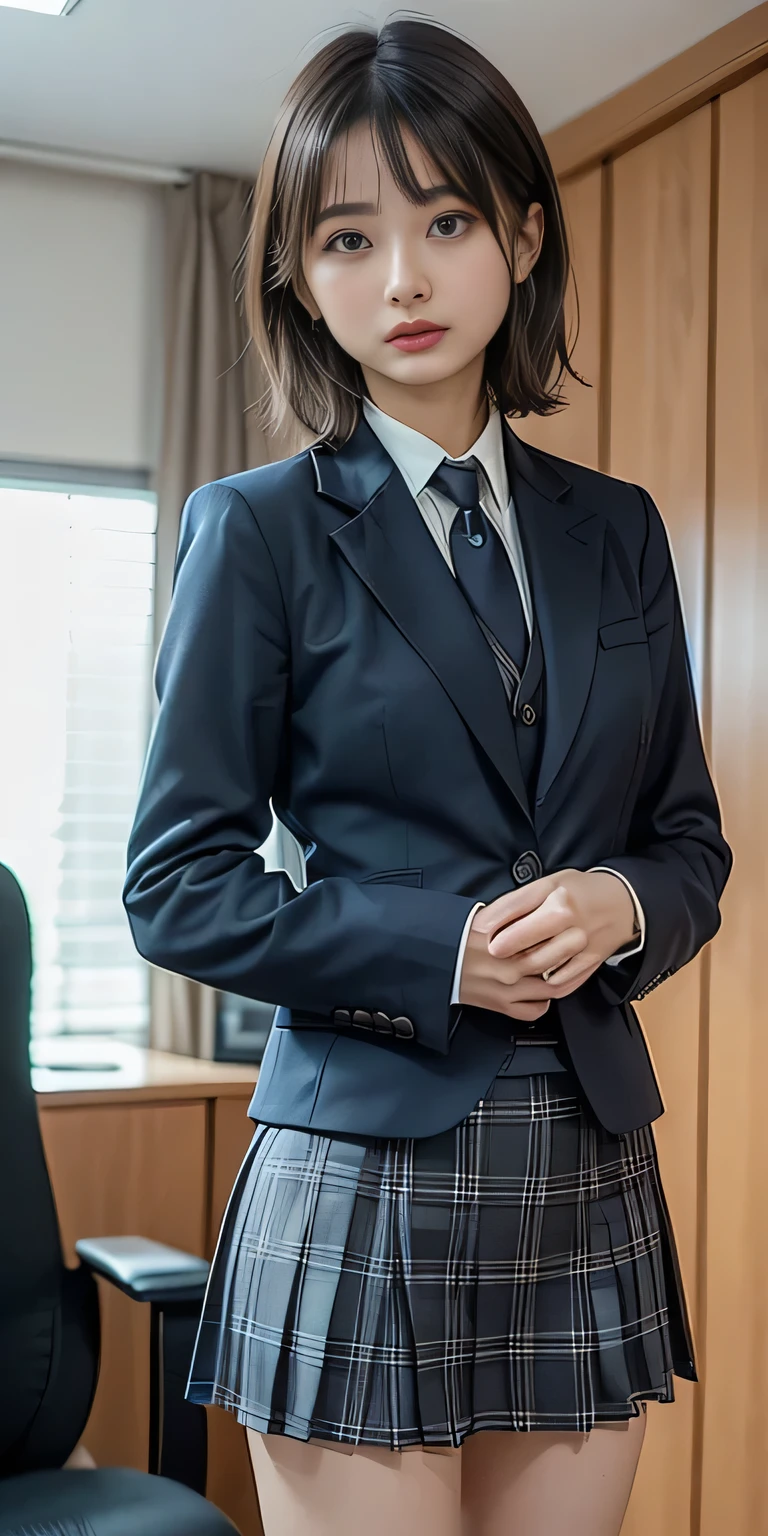 (photo practical:1.4), (hyper practical:1.4), (practical:1.3), (Smoother lighting:1.05), (Improving the quality of cinema lighting:0.9)、Natural light、Professional photos, practical portrait,(Japanese beautiful girl、15-year-old junior high school student),, Beautiful face and eyes, Very cute face, smile, vitality, vitality, (A sexy uniform with a wide open chest:1.2、The chest is open wide and her breasts are exposed、Her clothes are open and her naked body is visible、Showing her boobs、very beautiful small breasts、Beautiful cherry-colored areola、Erect nipples、Small butt、Shaved),The hem is short and the lower half of the body is visible、No underwear, (Chest Schoolgirl:1.4),  (district),, Portrait of sexy girl, (View from below:1.2)、School classroom、Scenes from class、No underwear、No underwear、No bra、
