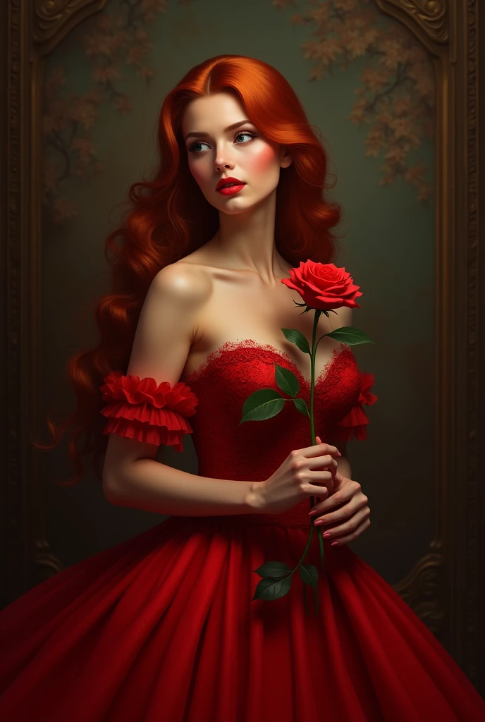 with red swirly skirt,straight hair and a rose in the corner of the red head in front