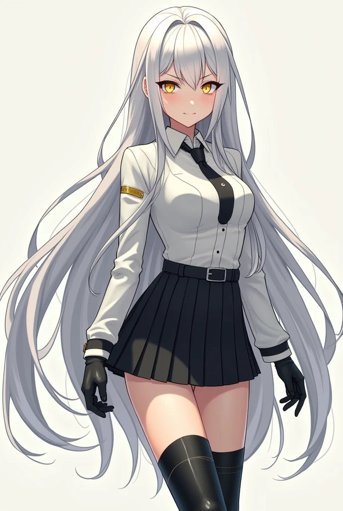 girl, White hair, silver eyes, calm smile, White jacket, black shirt, short black skirt, white sports shoes, black knuckleless gloves, black transparent white stockings.