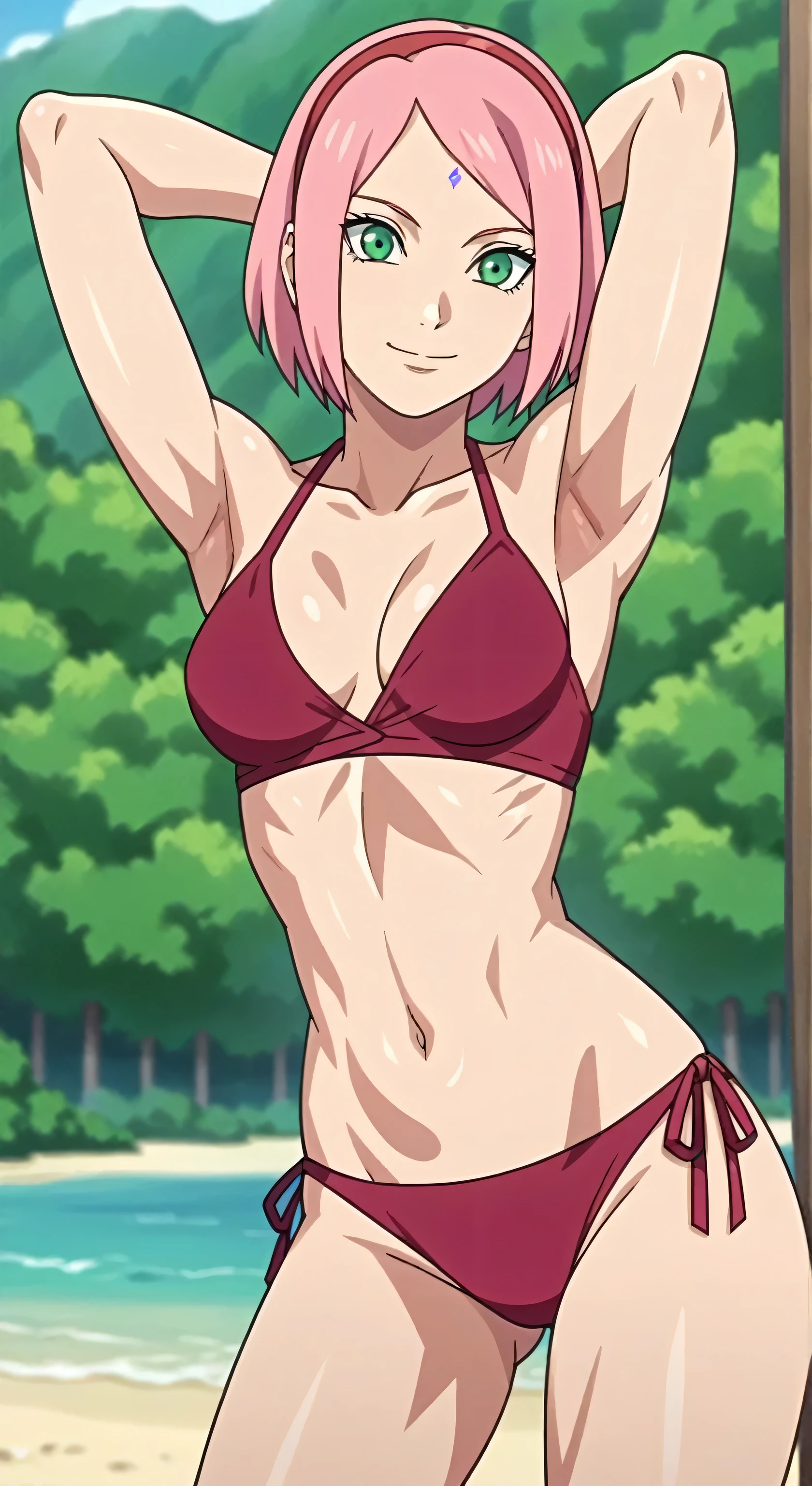 score_9, score_8_up, score_7_up, source_anime, anime screencap, 1girl, solo, outdoors, beach, day, haruno sakura, pink hair, short hair, green eyes, forehead mark, hairband, bikini, red bikini, collarbone, midriff, bellybutton, thighs, side tie bikini, medium breasts, bare shoulders, bare arms, looking at viewer, eye contact with viewer, facing viewer, smile, closed mouth, arms behind head, armpits, mature female