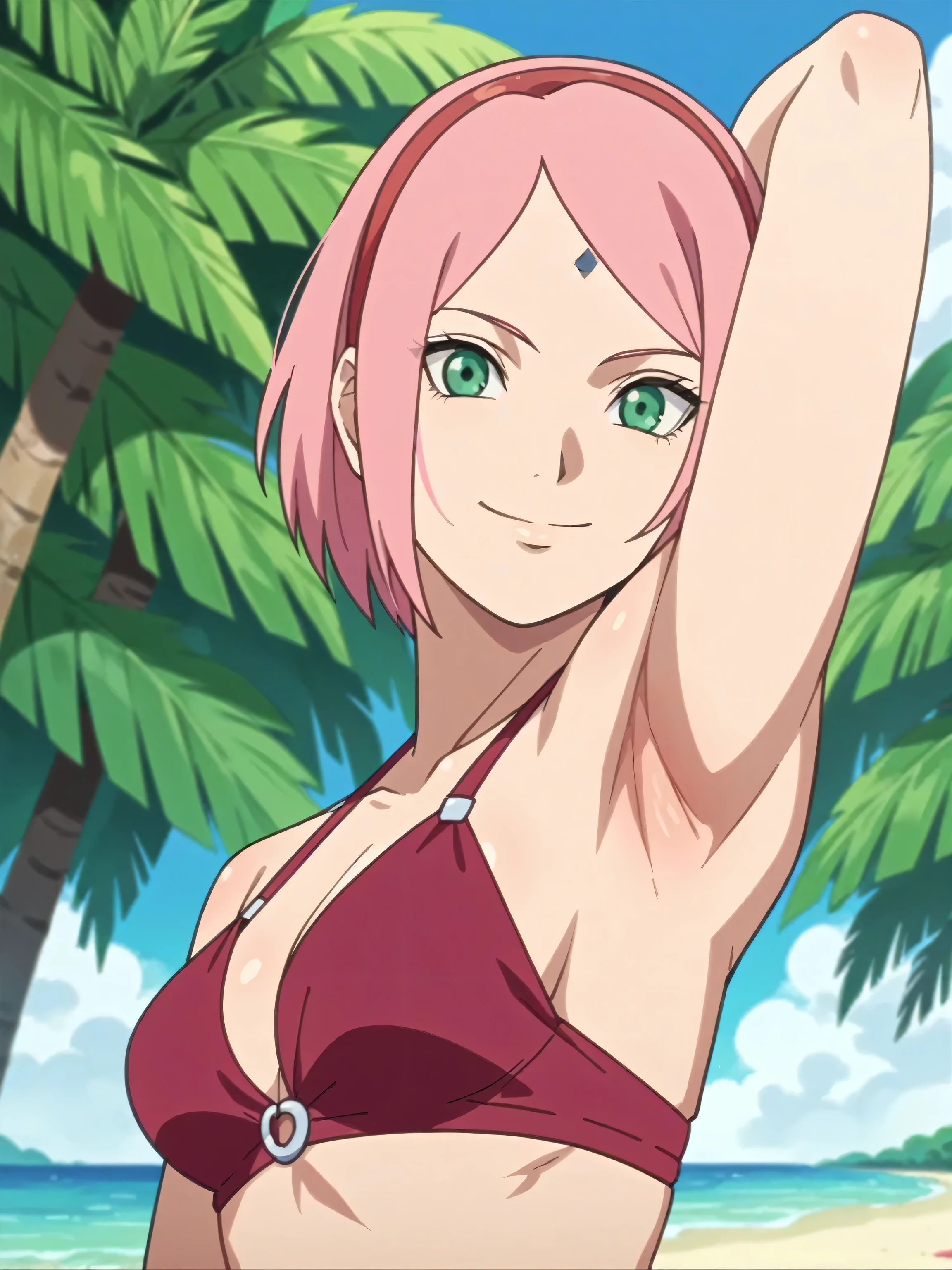 score_9, score_8_up, score_7_up, source_anime, anime screencap, 1girl, solo, outdoors, beach, day, haruno sakura, pink hair, short hair, green eyes, forehead mark, hairband, bikini, red bikini, collarbone, medium breasts, bare shoulders, bare arms, looking at viewer, eye contact with viewer, head towards viewer, smile, closed mouth, arm behind head, armpit, mature female, from side, from below, 