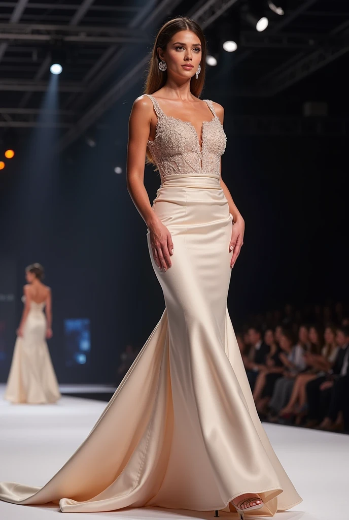 Elegant pale color strapless bodycon evening gown, taken on stage, beauty queen standard