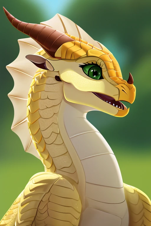 (Wings of fire), female,((( dragon))),(((sunny))), (((green eyes))), (((yellow scales))), plain, (((higt quality picture))) , wings, (( happy)), cute picture 