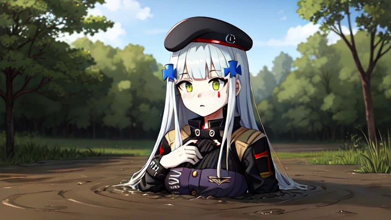 416_girlsfrontline, partially submerged, in mud, flooding up to the chest, upper body, military uniform,