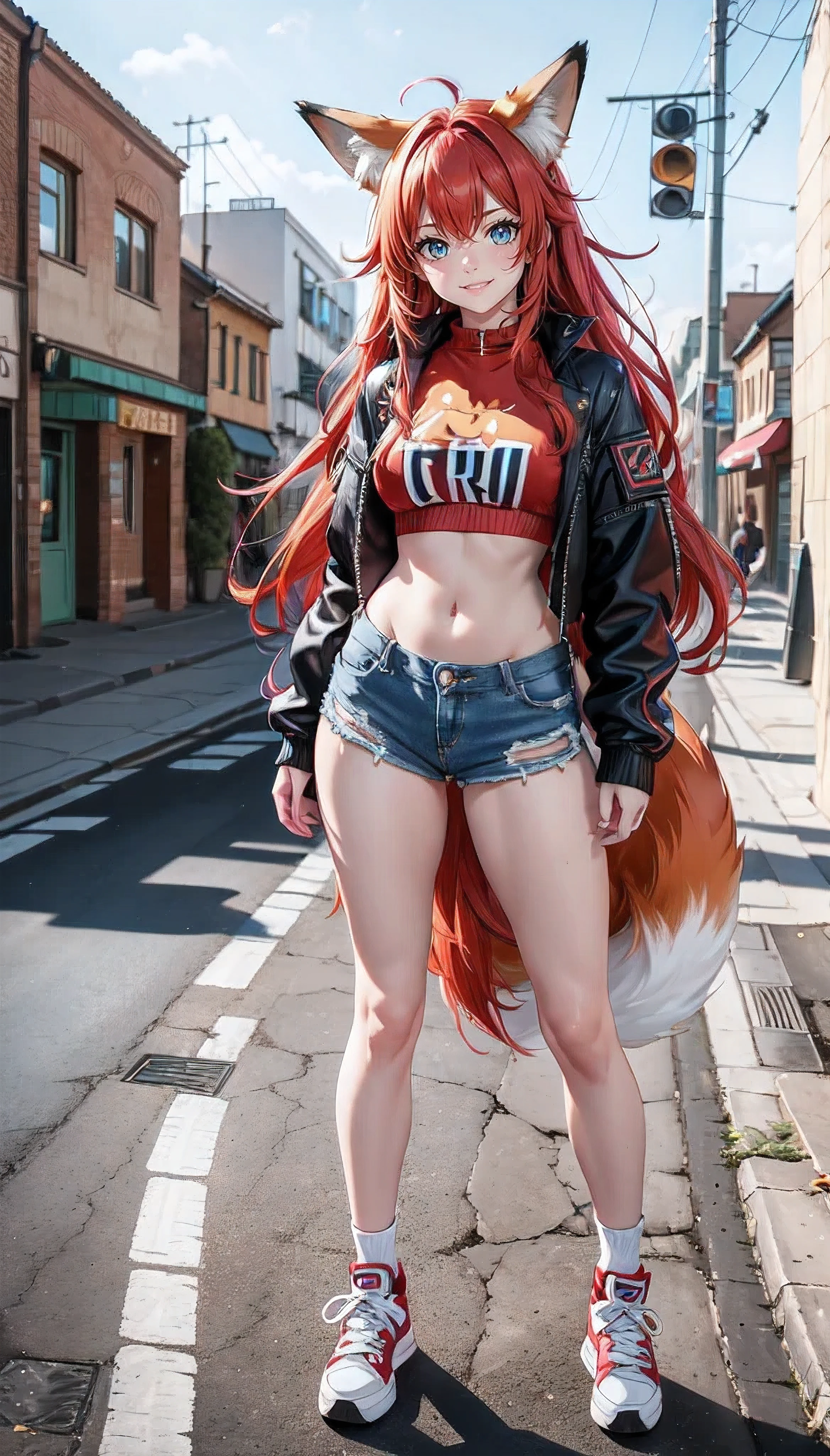 A cute fox girl with blue eyes, long red hair, Fox ears and a fox tail. She has a cheerful, love very much, friendly and happy character. She wears a cool, modernes Outfit, that fits perfectly with a wall with graffiti. Her outfit consists of a trendy crop top, ripped jeans and stylish sneakers. In the background there is a colourful, detailed graffiti wall, which have an urban, gives an artistic look. The image should be highly detailed, with HDR and Ultra 8K resolution, about the textures of clothing, to accurately portray her cheerful charisma and the details of the graffiti.




, best AI technology, 
Full body focus, perfect legs, perfect face, perfect eyes, perfect light, Dynamic Light, Natural light, Pretty, (perfect feet:1.2),(​masterpiece:1.2), (best quality:1.2), (Very aesthetically pleasing:1.2), (most absurd:1.2), (detailed background),Latest,KI-generiert, Intricate detailing,
best quality, High resolution, super detailed, uhd, textured skin, Raytracing, anime-style