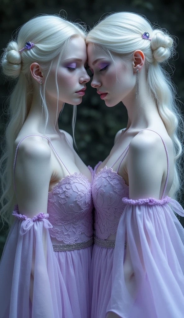 Two naked women، one purple coat، one pressing on the eyebrows، medium breast، small buttocks، 25 years old، and the second one white hair، red eyes، very large breasts، big buttocks، large belly noxine pink.