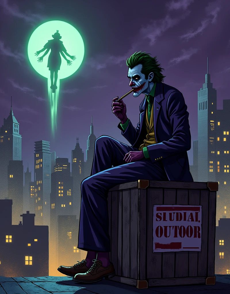 gotham city la nuit ou il y'a le Joker qui fume une cigarette blanche avec les yeux rouges sur un toit assis sur une boite ou il y'a ecrit dessus Moula Weed et dans le ciel une projection ou il y'a ecrit Gotham Coffee35 avec une feuille de cannabis en blanc entouré d'un rond en cartoon