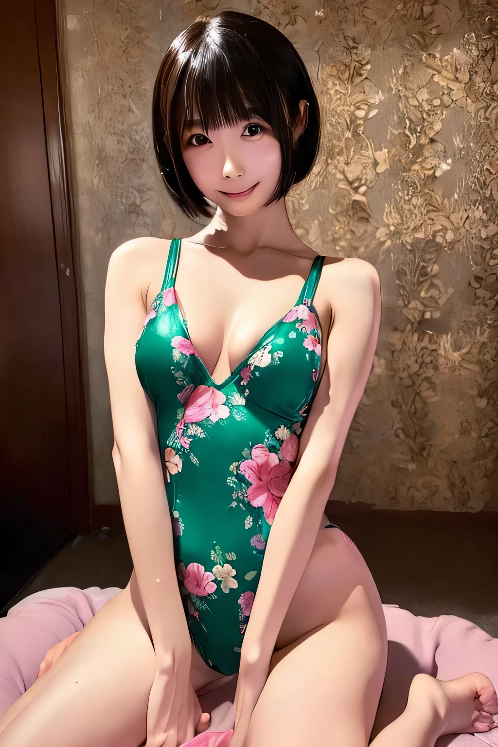 (((Highest quality))),(((Super detailed))),(((masterpiece))),1 Female、Floral rhythmic gymnastics leotard、Black Hair、Short Hair、Broken Hair、Super big breasts、A beautiful girl、Green Eyes、bedroom、sit、A girl in heat、A girl having dirty thoughts、Nipple erection、A lewd and flirtatious face、blush、girl wanting sex、Naughty smile、Looking up、Soft-looking body