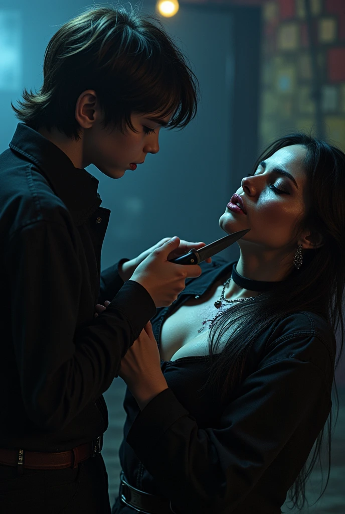 (best quality, masterpiece) photo of a man having hard sex with a woman, trench coat,expression face, blue eyes, looking at viewer, black hair, closed mouth, dress shirt, black skirt, hand at viewer), (less blue light, swrling many blue glass pieces behind, floating objects, night sky) ((they start kissing each other with french kiss, but after that the man started having hard cock penetretion sex with her, meanwhile she was bent on her knees to the ground feeling pain for the hard cock penetration))