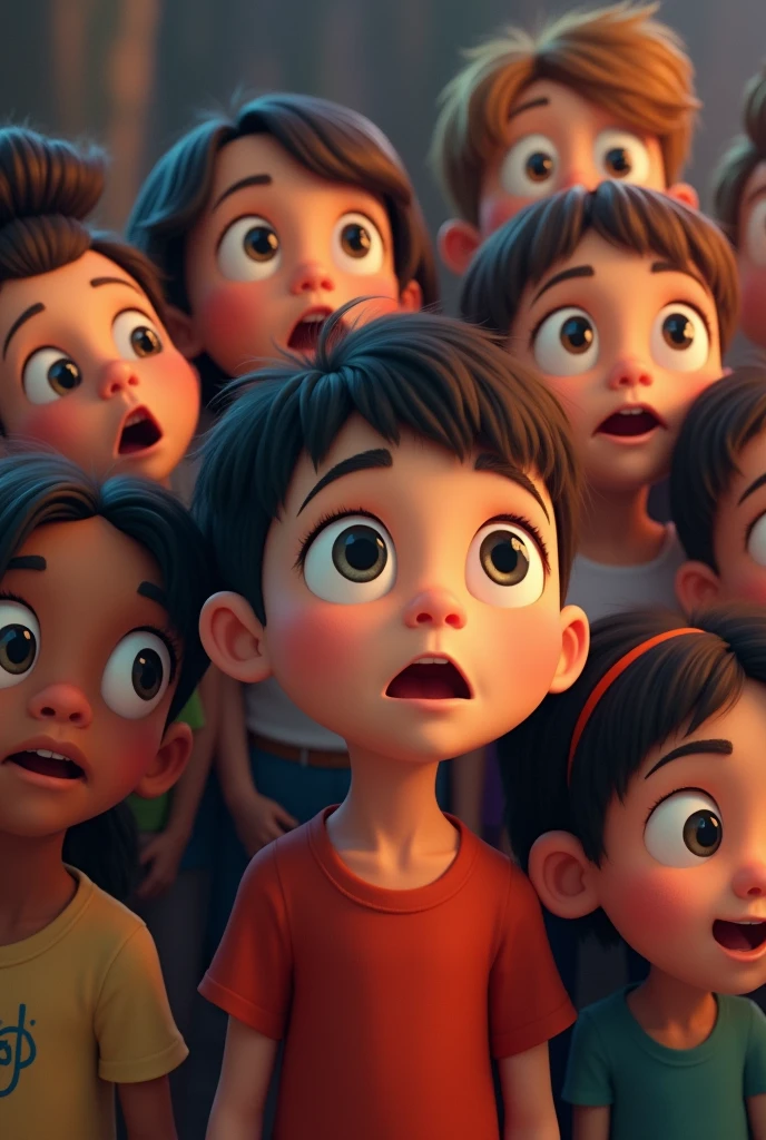 (highest quality, 4k, masterpiece:1.3), A close-up of a group of children sitting in an auditorium, watching a stage performance. Their faces are lit up with excitement, wide-eyed and smiling, some clapping their hands. The children are of various ethnic backgrounds, wearing casual and traditional clothing, reflecting the diversity of the audience. The background shows blurred outlines of other audience members and the soft glow of stage lights. The image is in a 2D animation style, with bright colors, cartoonish features, and a joyful atmosphere.