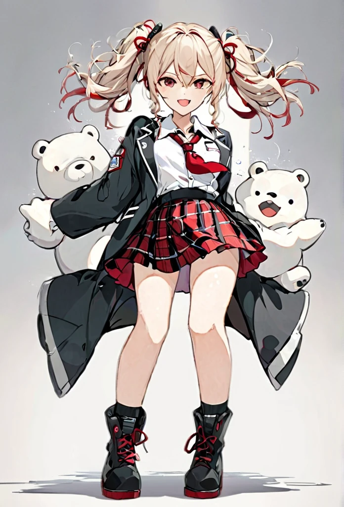 Create Himiko Toga a full-body anime-style character with a dynamic, confident stance. She has long, wavy, light brown hair tied in two high pigtails with black and white bear hairpins. The character is wearing a black and white school uniform-inspired outfit with a red ribbon at the chest and a short red plaid skirt. Her outfit also features small patches and symbols on the jacket and tie. She wears knee-high black boots with red laces, and her pose is energetic, with her hands on her hips, laughing mischievously. The overall vibe should be edgy and slightly chaotic, with a detailed and sharp anime art style.