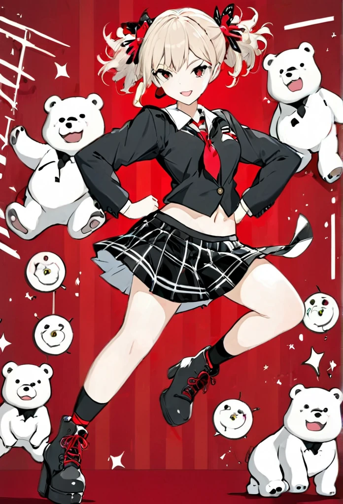 Create Himiko Toga a full-body anime-style character with a dynamic, confident stance. She has long, wavy, light brown hair tied in two high pigtails with black and white bear hairpins. The character is wearing a black and white school uniform-inspired outfit with a red ribbon at the chest and a short red plaid skirt. Her outfit also features small patches and symbols on the jacket and tie. She wears knee-high black boots with red laces, and her pose is energetic, with her hands on her hips, laughing mischievously. The overall vibe should be edgy and slightly chaotic, with a detailed and sharp anime art style.