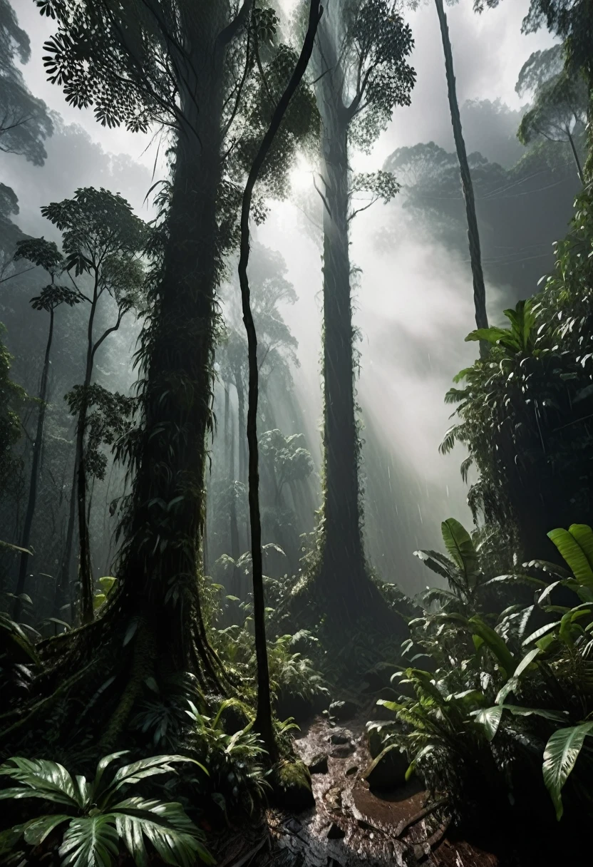 generate of "A shadowy figure, clad in black, holds a gleaming blade, standing in a dense rainforest, illuminated by a single beam of light." (Emphasizes mystery and the assassin's silhouette.),

"A panoramic view of the rainforest, the Jungle Maw charging through the foliage with Maya dodging its attack in the foreground, the rain blurring the background." (Wider perspective for a more dynamic scene.),

"Dark, gritty realism, with dramatic lighting and a sense of the environment's danger.",

a perfectly shaped figure, situated in a sultry forest environment and with sharp corners and thick fog, white clouds with black lines, smooth lines, very realistic, octane rendering, unreal engine 5, 3d blender model, trending art station with raw style --ar 85:128 --v 6.1