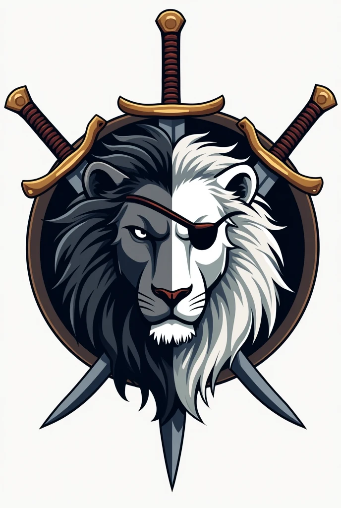 Logo with circular swords and a black male lion and a white female lioness in the center with an eye with a pirate patch on both