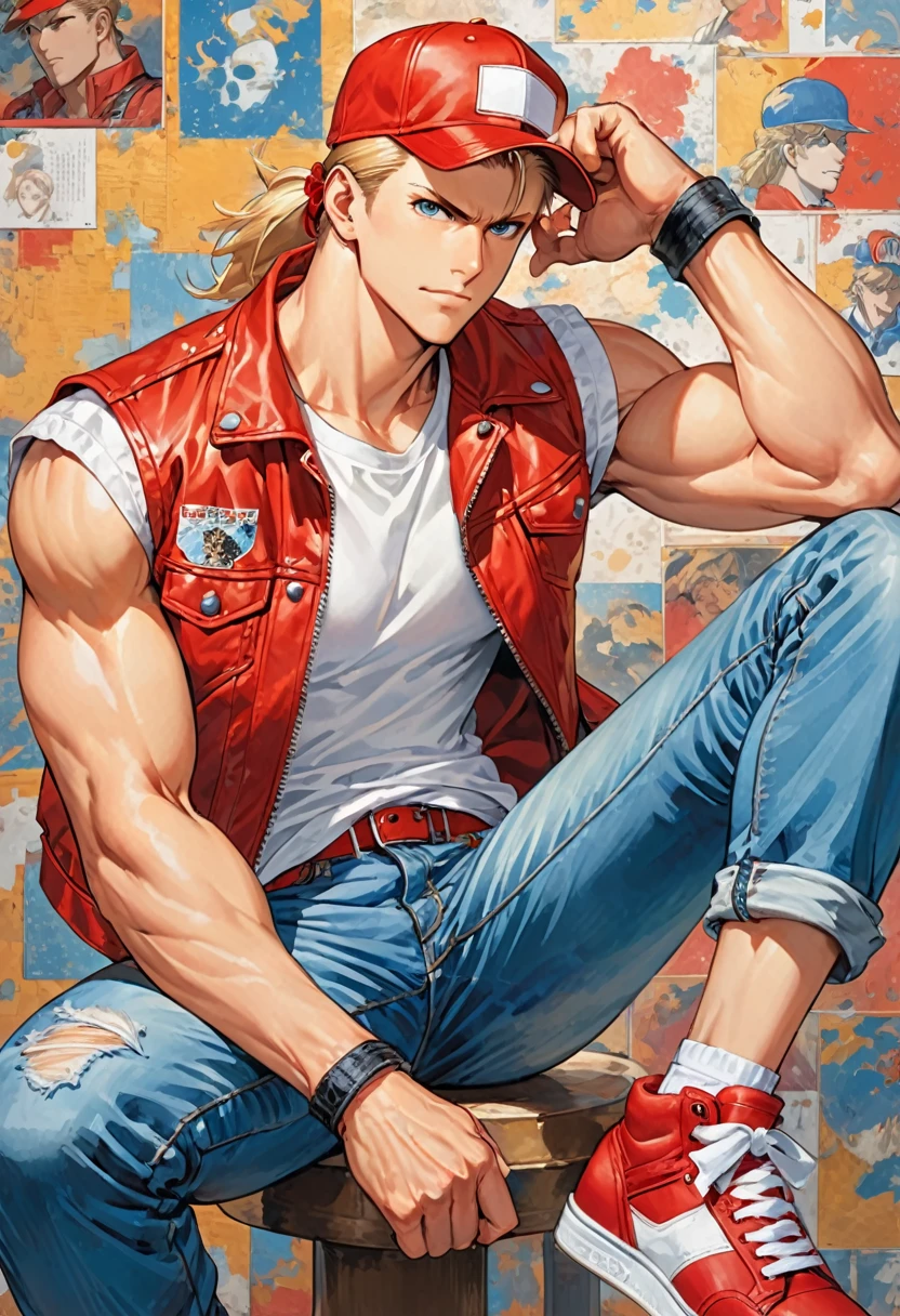 (masterpiece,Highest quality), Terry Bogard, A handsome young man with sharp features, red baseball cap, Sleeveless red leather jacket, A white shirt that shows off his muscles, sneakers, Blue jeans, Her blonde hair is tied back with an elastic band, Garou Legend