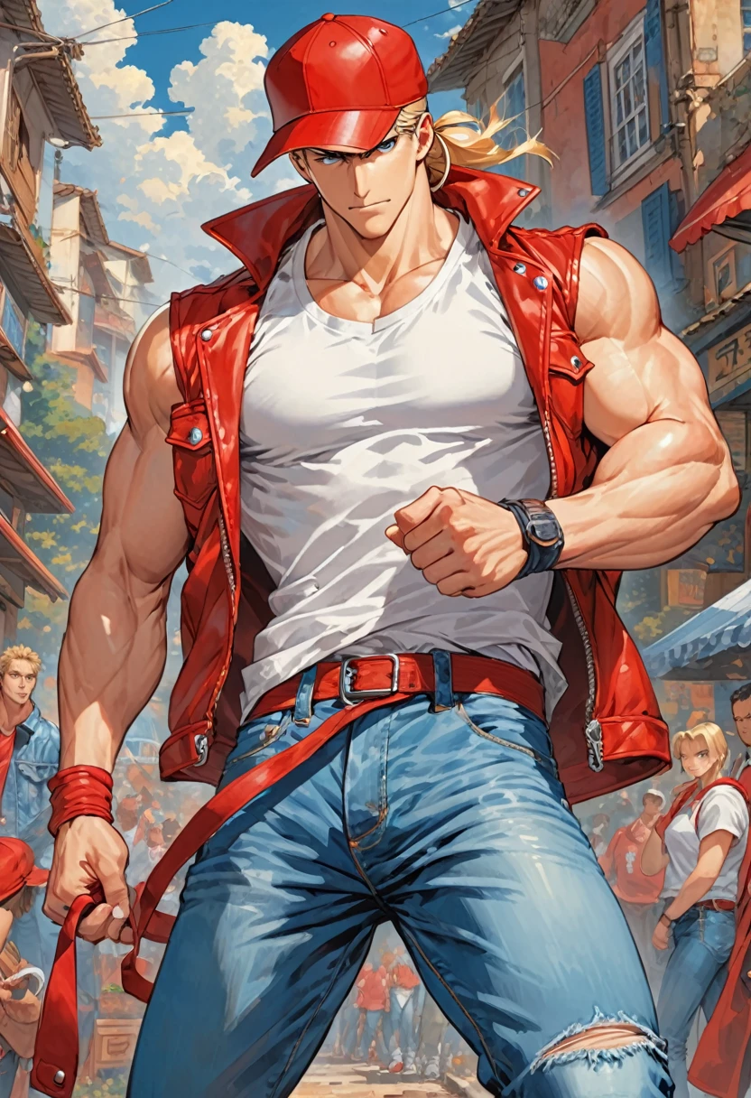 (masterpiece,Highest quality), Terry Bogard, A handsome young man with sharp features, red baseball cap, Sleeveless red leather jacket, A white shirt that shows off his muscles, sneakers, Blue jeans, Her blonde hair is tied back with an elastic band, Garou Legend