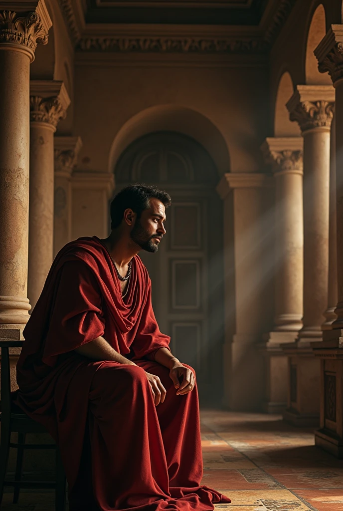 A portrait of Pontius Pilate in his home, with family in the background, Conveying a sense of normalcy before the historical events. Soft colors and a calm atmosphere.