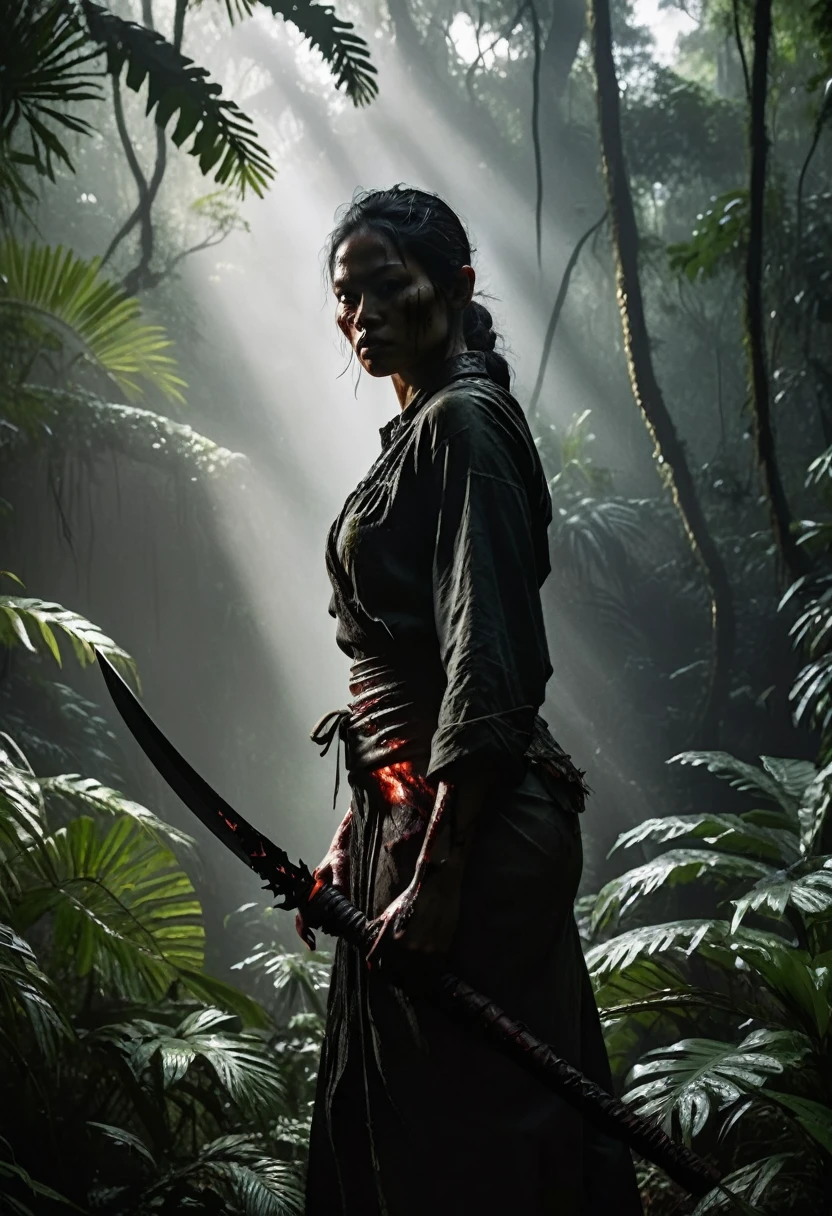 generate A shadowy figure, clad in black, holds a gleaming blade, standing in a dense rainforest, illuminated by a single beam of light." (Emphasizes mystery and the assassin's silhouette.),"Close-up shot of Maya's hand gripping a blood-stained blade, her face obscured by shadows, with the jungle Maw's eye reflecting in the blade's glint." (A more intimate and symbolic image.),"Dark, gritty realism, with dramatic lighting and a sense of the environment's danger.",a perfectly shaped figure, situated in a sultry forest environment and with sharp corners and thick fog, white clouds with black lines, smooth lines, very realistic, octane rendering, unreal engine 5, 3d blender model, trending art station with raw style --ar 85:128 --v 6.1