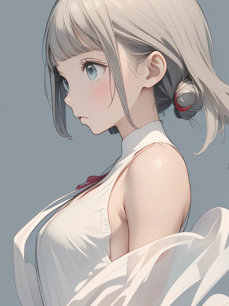 (Image from chest up:1.4)((masterpiece:1.5,Highest quality,Beautiful images、2.5D、Abstract、Artistic、Portraiture))(One girl, solo)(Cute Girls、large breasts, Gray Hair、short hair、Beautiful breasts、Off-the-shoulder outfit)(profile、Look at an angle、shake your head、Sad look, Floating Hair、Backlight)(Plain background:1.5)((Dynamic Angle:1.5)),See-through gown,(perfect anatomy:1.4),(Beauty of form:1.4) Golden ratio,