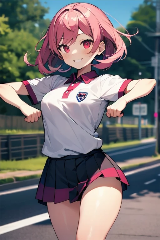 masterpiece, super details, best quality, beautiful girl, pink hair, polo shirt, mini skirt, (mochidance), red eyes, crazy smile, town, road, cowboy shot