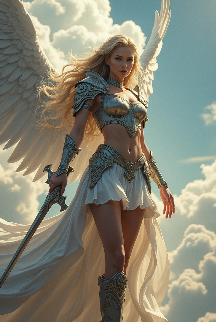 Female Warrior Angel in White and Gold Colors, with the name ALFA on his chest holding a silver AK-47 with dragon details