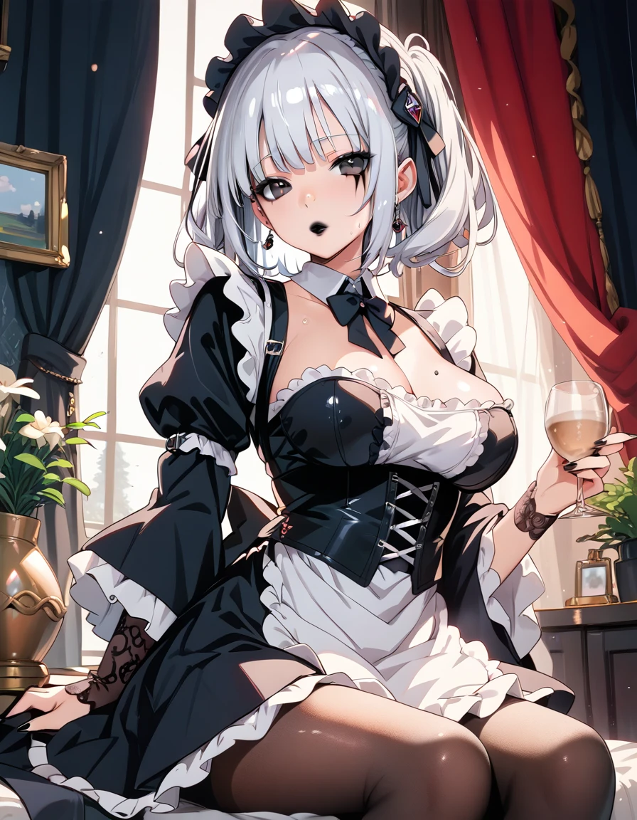 Young beautiful woman,(Highest quality,Extremely detailed depiction,Incredibly absurd high resolution,Anatomically accurate depiction,Curvy Legs,Shiny skin,Porcelain-like skin),(Black and white gothic maid outfit,Maid Skirt,corset,black tights),eyelash,(Silver Hair,Black Eyes,Eyes half closed:1.5,Unfriendly look,Large Breasts,Glossy black lips:1.2,Heavy makeup),Sweat:0.8,(whole body),background:Inside the maid cafe:1.5,Bright atmosphere,coffee,Other women dressed as maids,Pose to welcome guests