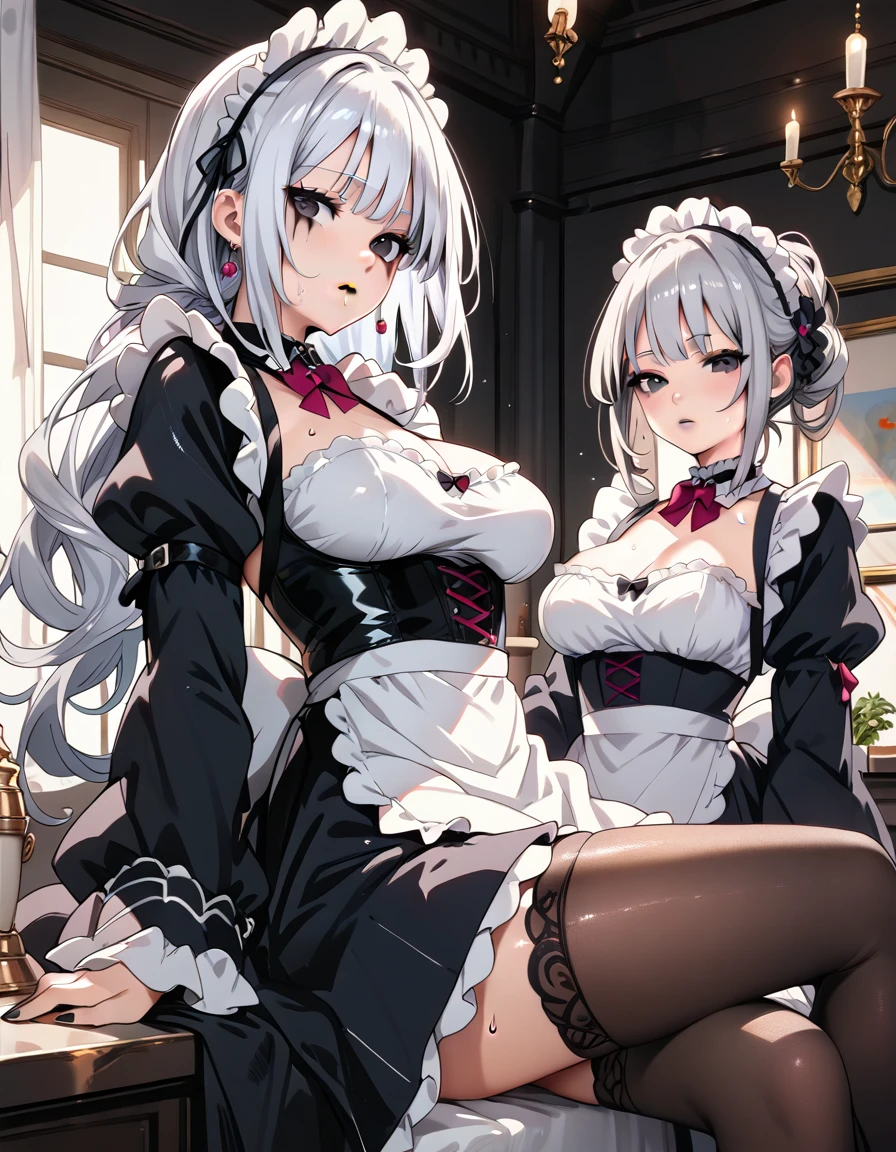 Silver hair twintails　Big Breasts　beautiful girl　Black Lingerie　Black garter belt　Black knee socks　nude　Lewd　Ahegao　Black enamel　Black high heels　Black Bondage　Climax　Crimson Eyes　Nipple piercing　Intense sex
