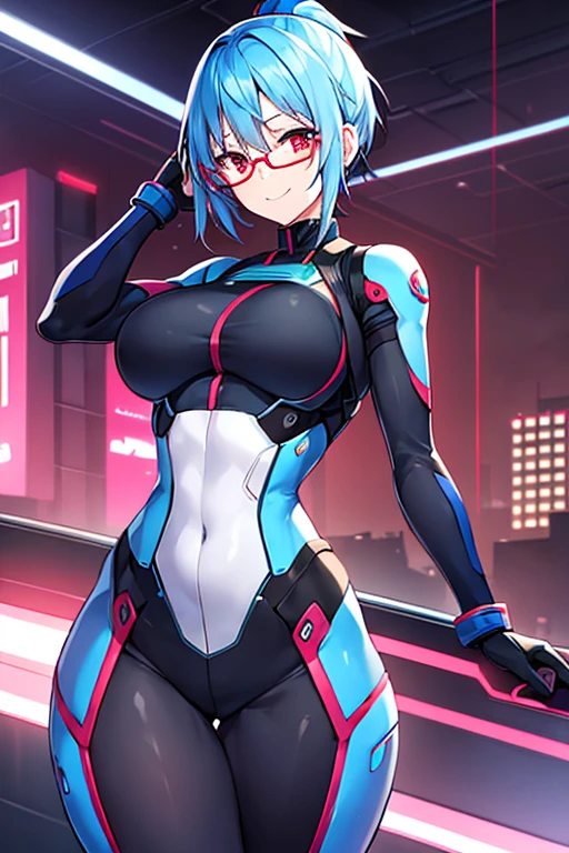 1girl, full body, ponytail, blue hair, black bodysuit, bodysuit, red eyes, large breasts, thick thighs, mature female, hourglass figure, smile, light smile, futuristic, science-fiction, machinery, tech, neon trim, glasses, red glasses