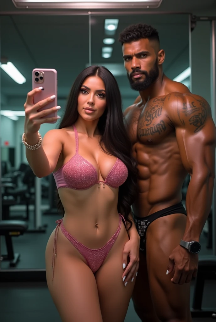 Magnificent detail, 8K Photos, hyper- realism, realistic background, visual depth, wide angle lens, professional light. A beautiful white skinned brunette, 2, taking a selfie with her iphone in the mirror of a swim club locker room with a strong muscular black alpha male. She wears a low-cut orange Brazilian micro bikini that enhances and shows off her slim, curvy body., Waist slender, wide hip, round, Small natural breasts. The black man is wearing white adidas swim trunks, who values his huge erect penis 