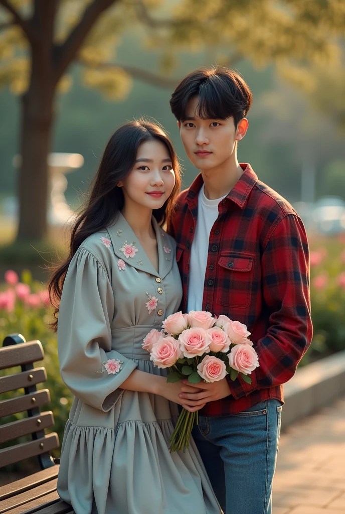 Two adult Korean brothers hugging and smiling. a girl and a boy. A has straight burgundy hair and bangs, she wears black sweatshirt, short jeans, pentagram necklace, she has cute cheeks and thick thighs. He has black hair and is a little compressed., he wears a white shirt and jeans, ele é igual ao Hwang Hyunjin do Stray Kids. they're in a park