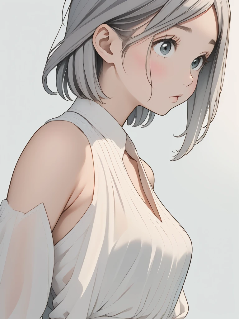 (Image from chest up:1.4)((masterpiece:1.5,Highest quality,Beautiful images、2.5D、Abstract、Artistic、Portraiture))(One girl, solo)(Cute Girls、large breasts, Gray Hair、short hair、Beautiful breasts、Off-the-shoulder outfit)(profile、Look at an angle、shake your head、Sad look, Floating Hair、Backlight)(Plain background:1.5)((Dynamic Angle:1.5)),See-through gown,(perfect anatomy:1.4),(Beauty of form:1.4) Golden ratio,