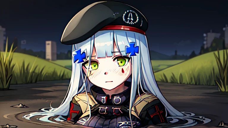 (416_girlsfrontline:1.5), partially submerged, in mud, flooding up to the chest, upper body, military uniform, 416 face, beret,