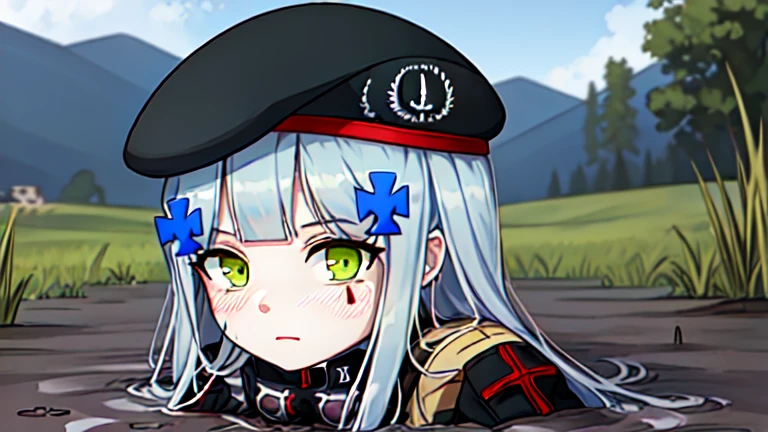 (416_girlsfrontline:1.5), partially submerged, in mud, flooding up to the chest, upper body, military uniform, 416 face, beret,