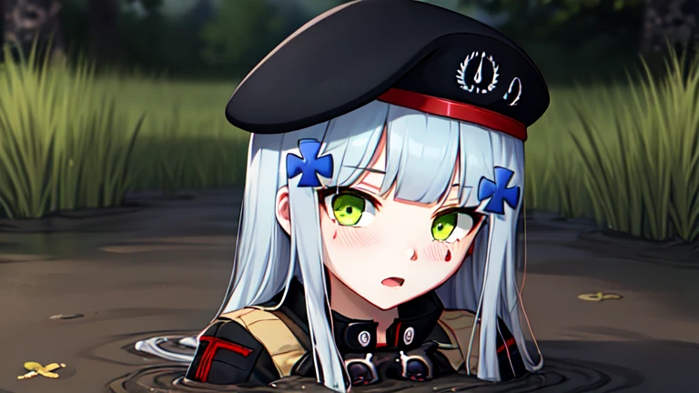 (416_girlsfrontline:1.2), partially submerged, in mud, flooding up to the chest, upper body, military uniform, 416 face, beret,