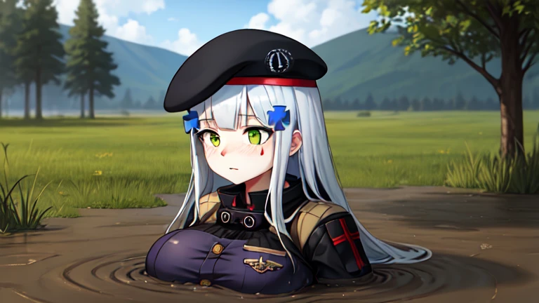 416_girlsfrontline, large breasts, partially submerged, in mud, flooding up to the chest, upper body, military uniform, 416 face, beret,