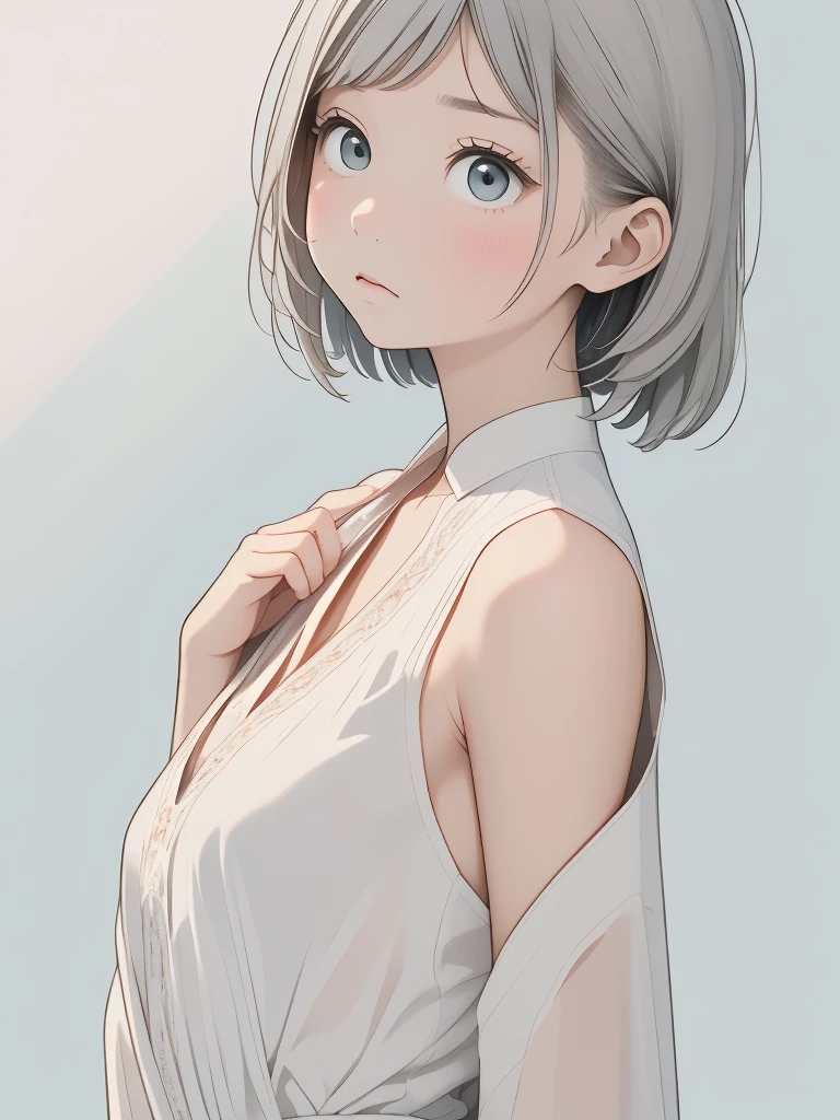 (Image from chest up:1.4)((masterpiece:1.5,Highest quality,Beautiful images、2.5D、Abstract、Artistic、Portraiture))(One girl, solo)(Cute Girls、large breasts, Gray Hair、short hair、Beautiful breasts、Off-the-shoulder outfit)(profile、Look at an angle、shake your head、Sad look, Floating Hair、Backlight)(Plain background:1.5)((Dynamic Angle:1.5)),See-through gown,(perfect anatomy:1.4),(Beauty of form:1.4) Golden ratio,