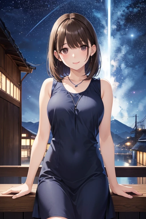 tifa lockhart, final fantasy vii remake, (red eyes), 1girl, bare shoulders, aqua dress, black hair, green dress, sleeveless dress , sundress, house, long hair, night, night sky, open mouth, outdoors, ponytail, sitting, sky, sleeveless, sleeveless dress, star (sky), starry sky, town, aged down, small breasts, ((white frills)), (white dress), 

<lora:tifa_lockhart:0.6>