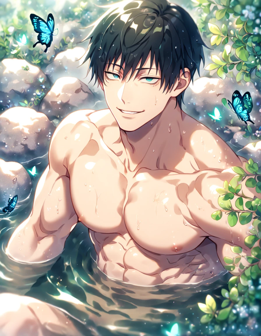 absurdres, highres, ultra detailed, HDR, master piece, best quality, detailed face, delicated features, detailed eyes, Fushiguro Touji, black hair, expressive dark blue eyes, Jujutsu Kaisen, solo, sexy man, handsome, sensual, adult face, smile, sitting, manly man, mature man, toned chest, bare chest, naked, close up, fantasy, magical, hot springs, water, rocks, butterflies, spring, green leaves, flowers