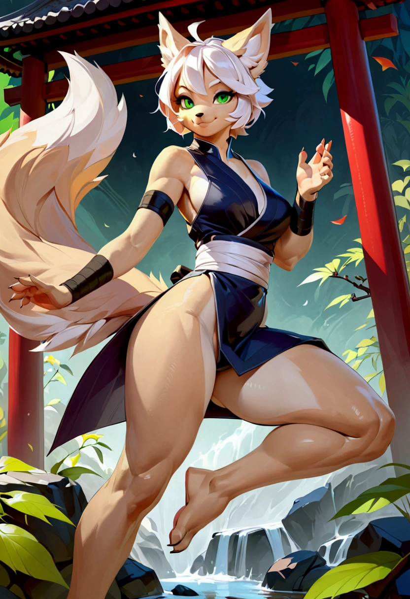 Female kitsune anthro, white hair, short hair, solo, japanese outfit, green eyes, light beige body, smiling, full body, (by darkgem) (by null-ghost), ninja